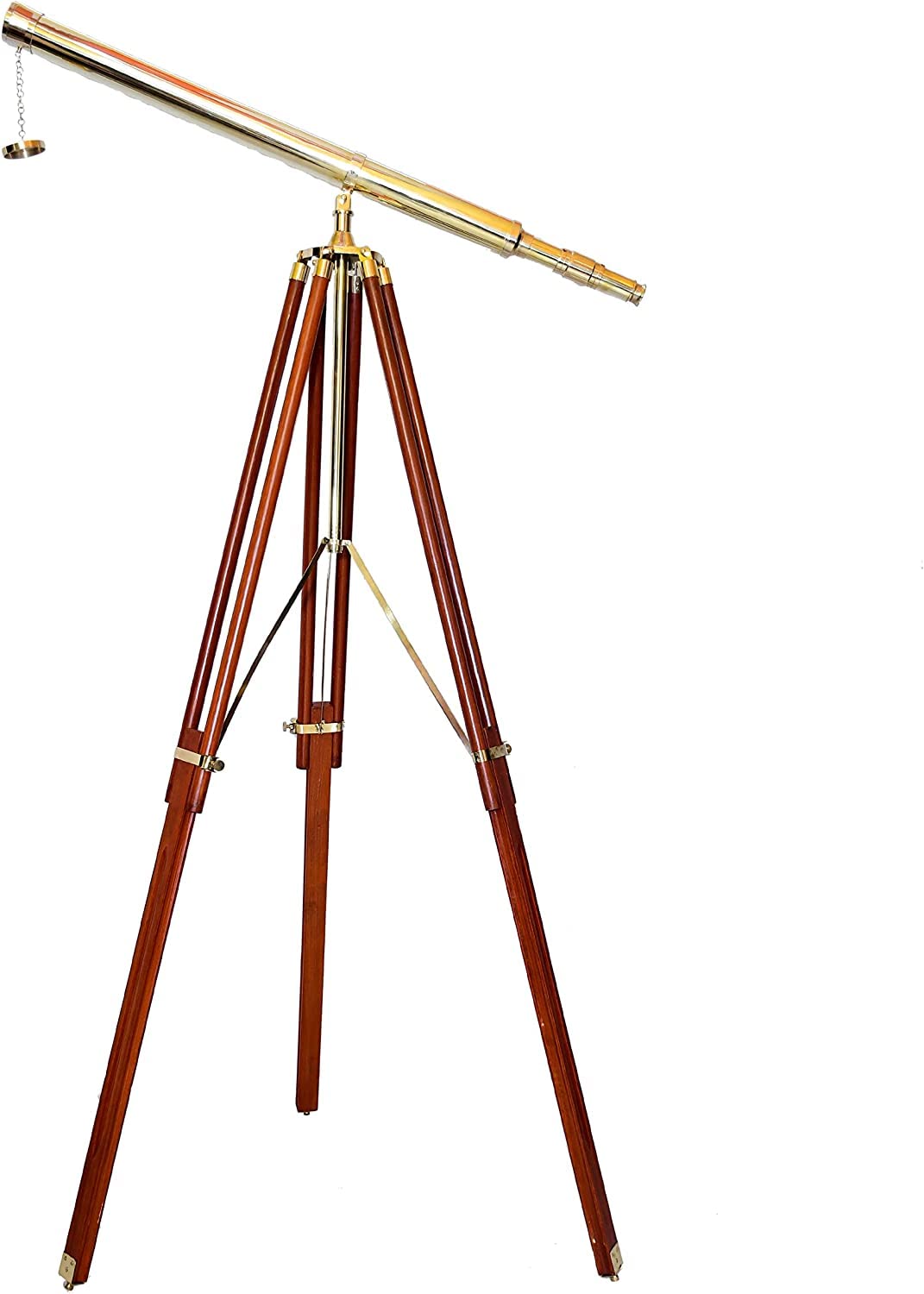 Nautical Floor Standing Brass Telescope Single Barrel W/Brown Wooden Tripod Stand Home Decor Griffith Scope Maritime 65