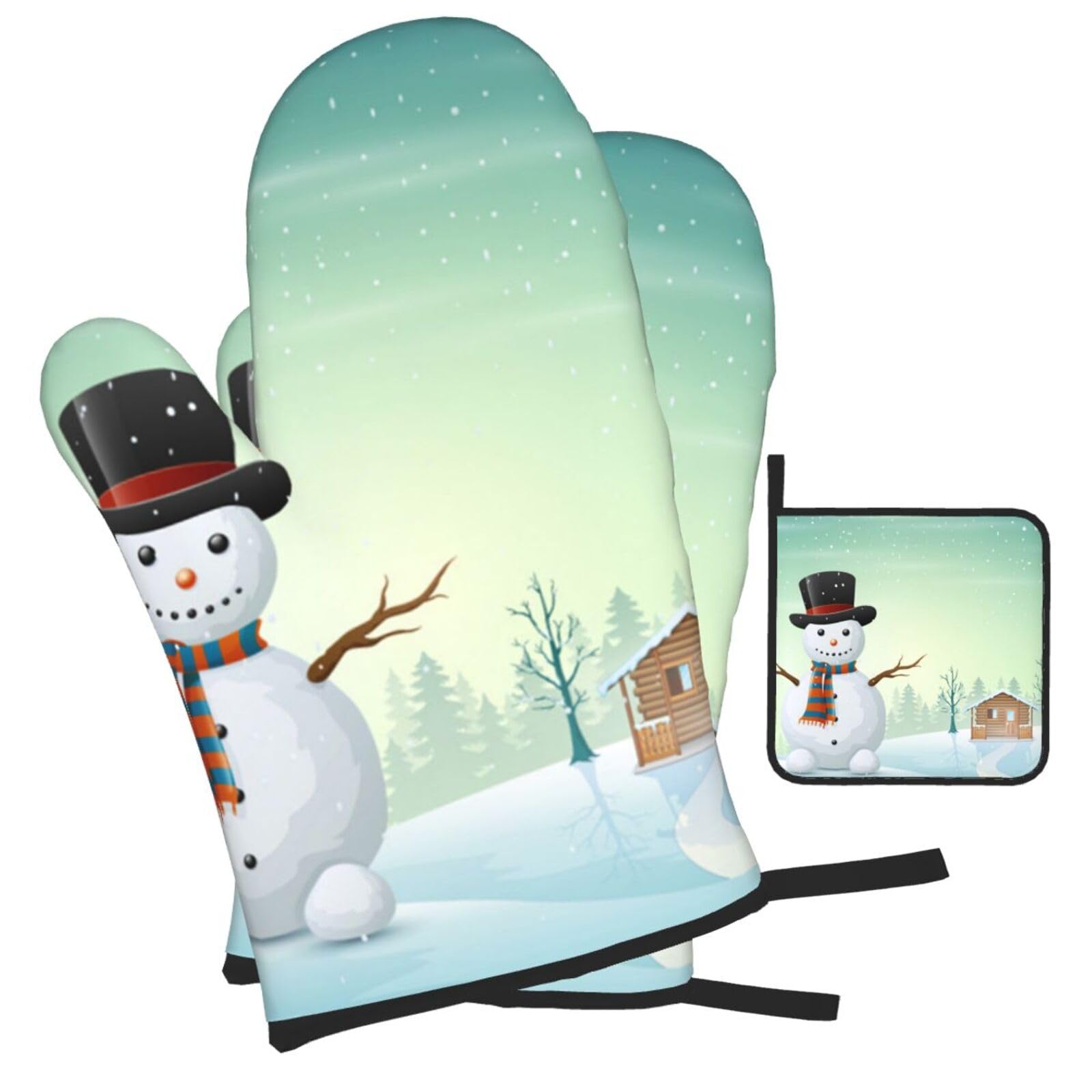 Snowman and Village Printed Oven Mitts and Pot Holders Heat Resistant Set of 3 Pcs, Modern Kitchen Gloves & Potholders for Cooking Baking Grilling