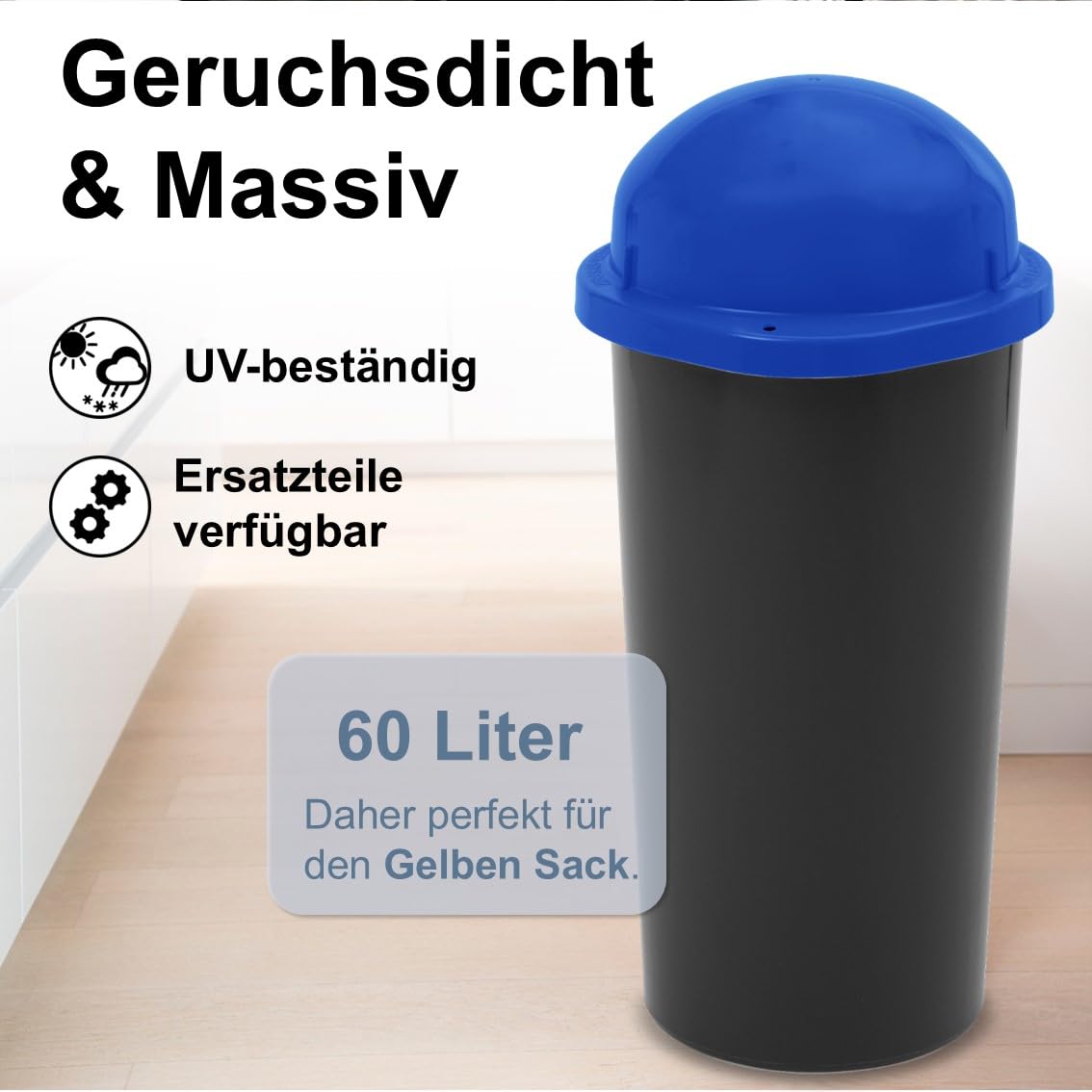 KUEFA HD 60L Müllsackständer Mülleimer mit Scharnierdeckel und Klemm-Ring Gelber Sack Blau