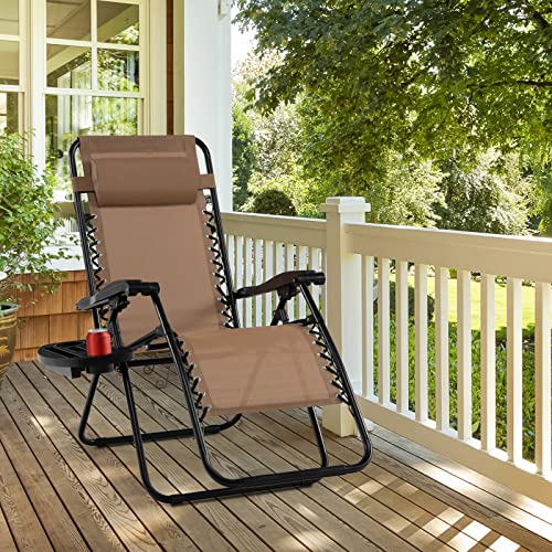 Tangkula Zero Gravity Chair, Folding Patio Lounge Chair Adjustable Outdoor Recliner With Cup Holder, Wide Armrest For Patio Garden Poolside Outdoor Yard Beach, Support 350 Lbs (2, Light Brown) #TOP3