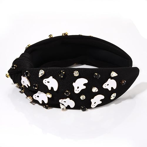 Vista 61 de Diademas de Halloween para mujer, diadema anudada con cuentas de truco o trato, diadema con nudo superior con diamantes de imitación, accesorio