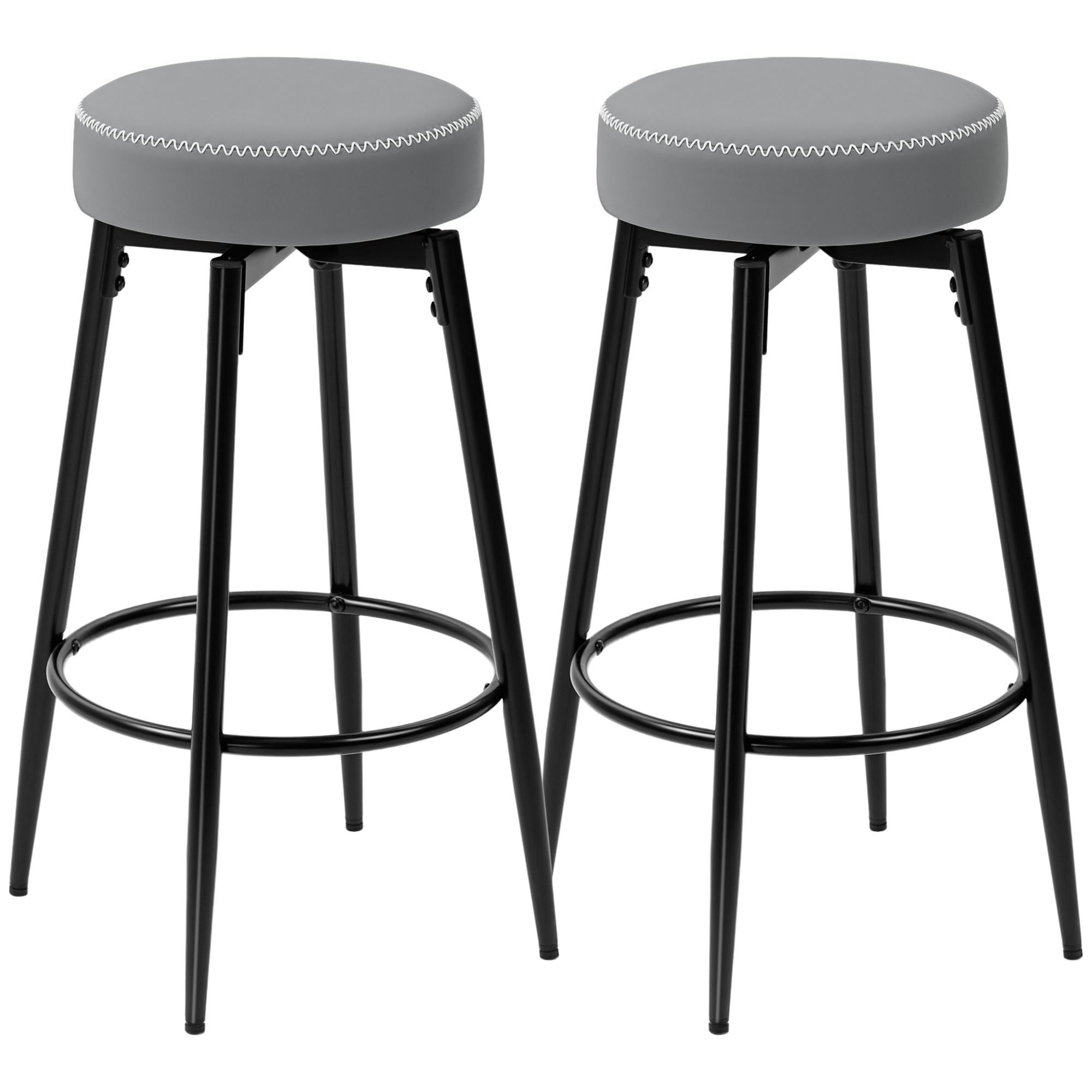 HOMCOM 360 Degree Swivel Bar Stools Set of 2, Kitchen Counter Stools with Footrest, Faux Leather with Stitching, Modern Barstools for Breakfast Island, 69 cm Tall, Grey