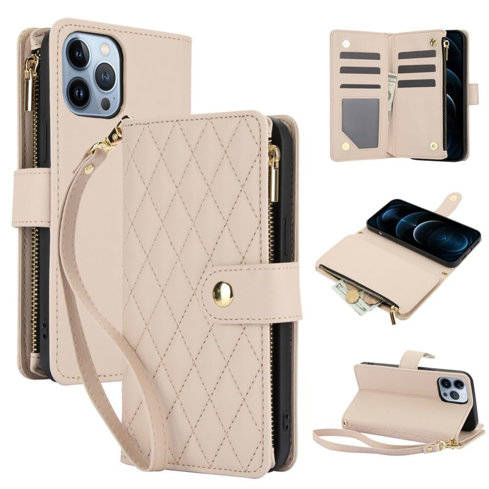 Generic - Funda tipo libro para iPhone 12 (color albaricoque) con tapa de piel con correa larga