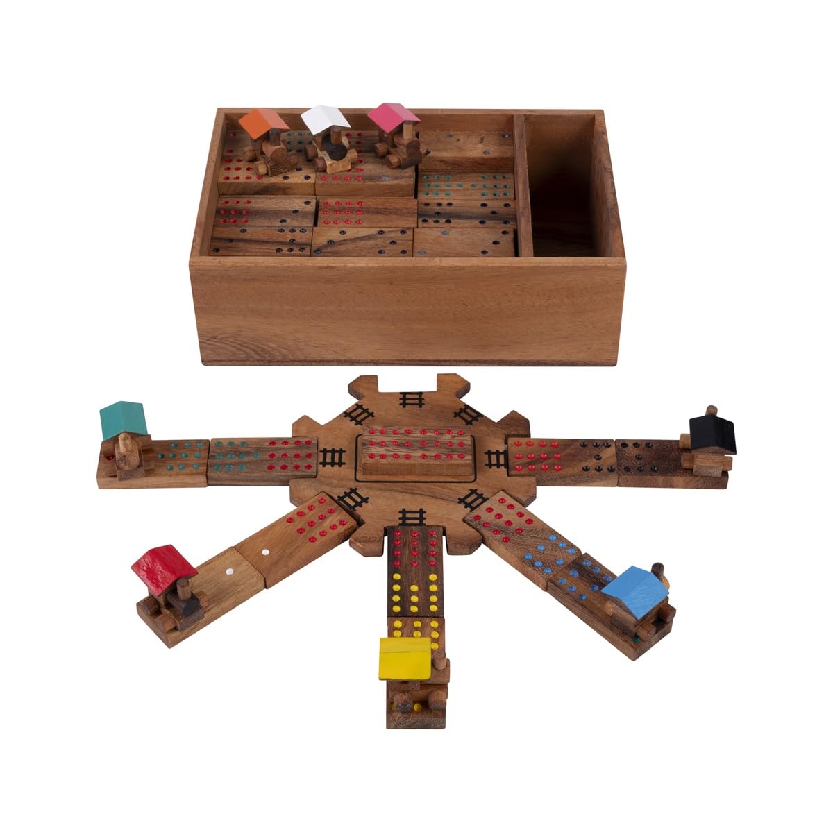 Engelhart Mexican Train Domino Doppel 12 aus Holz – 91 Spielsteine mit 8 Lokomotiven und 1 Bahnhof – Holzbox – Strategisches Familienspiel – Ab 6 Jahren – 22 x 15 x 7 cm – Spielregeln 350373