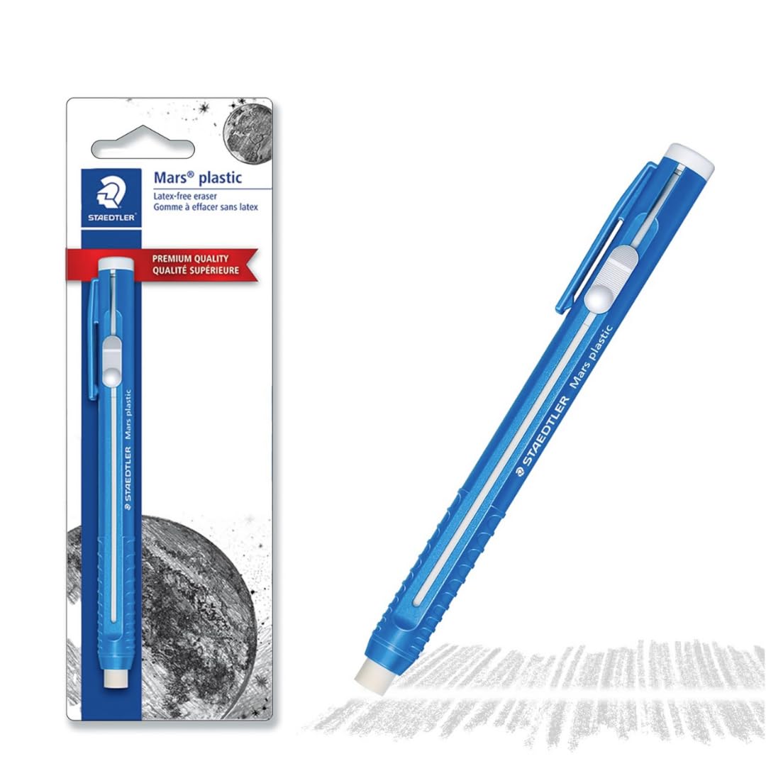 STAEDTLER 6er Pack Mars Kunststoff Radierstift mit nachfüllbarem Halter, Deutscher Radiergummi für Bleistifte, Wisch- & Reißfreie Präzision, Einziehbares Design mit Clip, Blau, 6 Stück