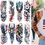 CUTELIILI 8 Sheets Independence Day Temporary Tattoo, 4th of July Patriotic Sleeve Tattoo, American Flag Fake Tattoos, Red White and Blue Party Supplies, Labor Day, Memorial Day, USA Flag