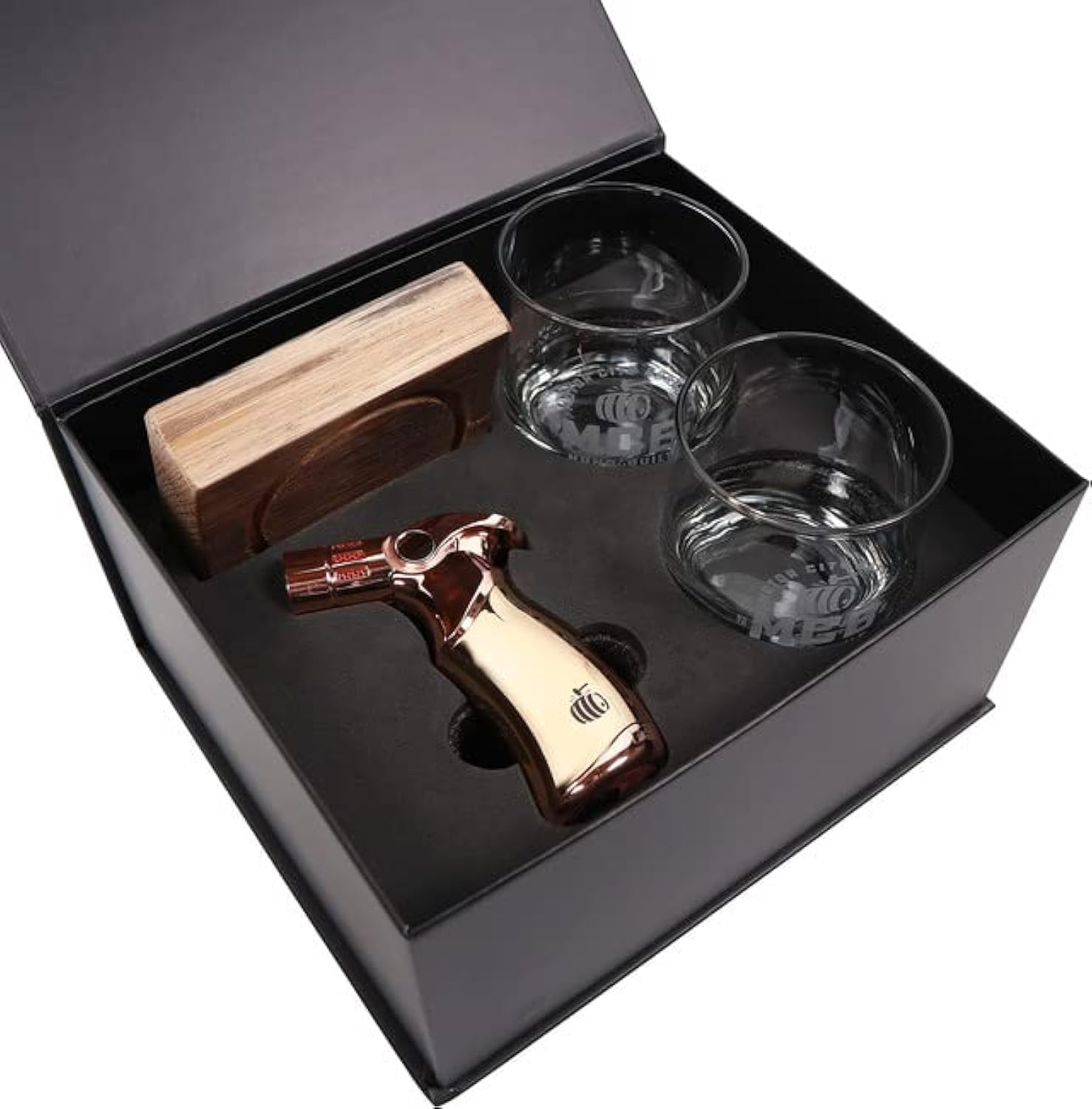 Whiskey Barrel Smoked Cocktail kit with Torch, Whiskey Barrel Gift Set – Culinary Mini Torch, Whiskey Barrel Wood Piece & 2X Rocks Glasses (Butane Not Included)