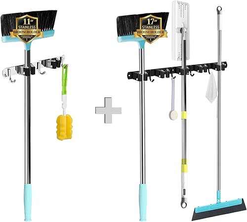 2 estantes y 3 ganchos y 5 estantes y 4 ganchos para escoba y trapeador montado en la pared, organizador de garaje, estantes de herramientas de