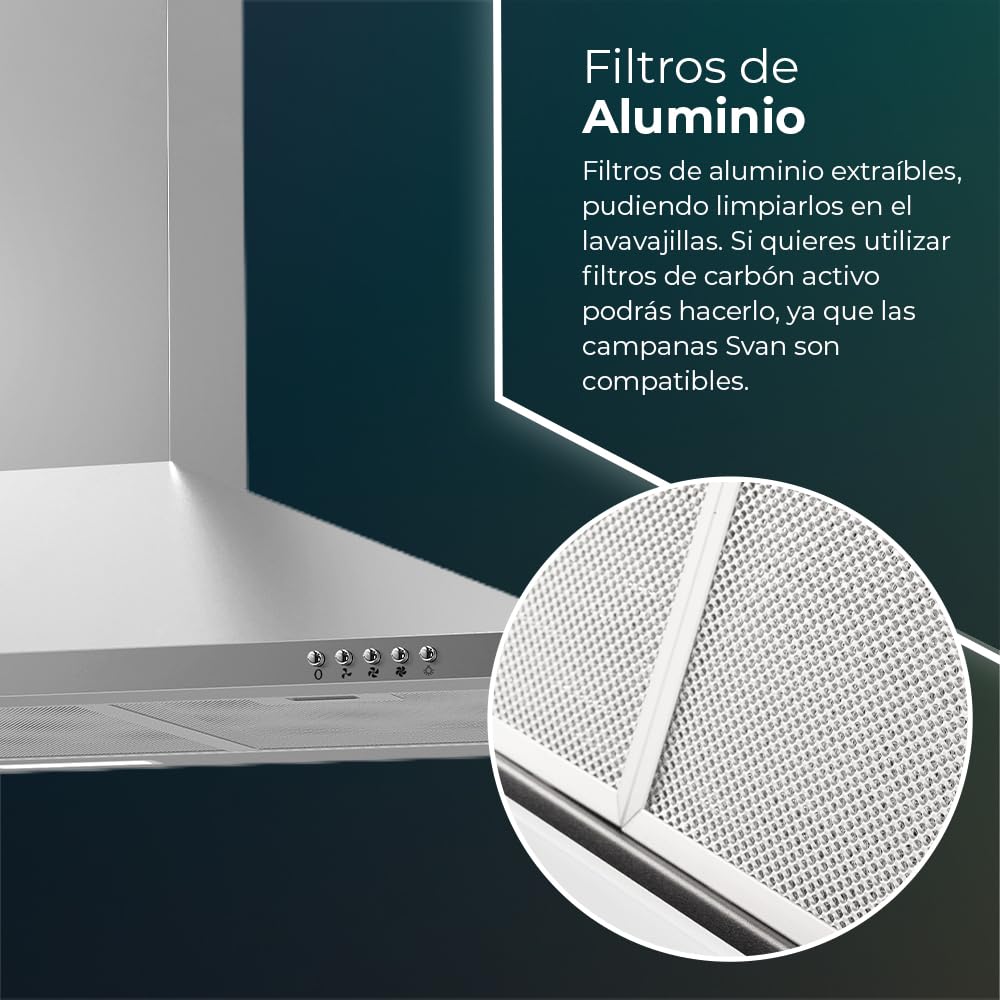 Svan Campana Extractora Piramidal 60cm Inox SCPP901BX. Potencia 66,5m3/h, Tiro Doble, 3 Velocidades, Control Manual, Filtro apto para Lavavajillas