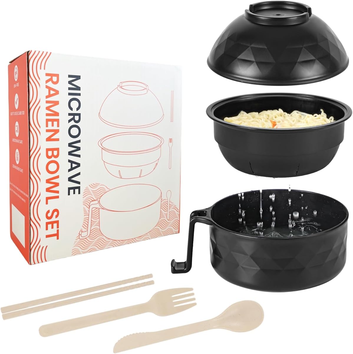 Microwave Ramen Cooker,Ramen Bowl Set,Microwave Noodle Bowl With Chopsticks and Spoon, College Dorm Room Essentials for Girls for Boys, Apartment Essentials, BPA-Free. (black) …