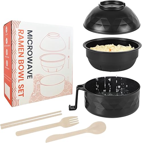 Cocina de ramen para microondas, juego de tazones de ramen, cuenco de fideos para microondas con palillos y cuchara, artículos esenciales para el