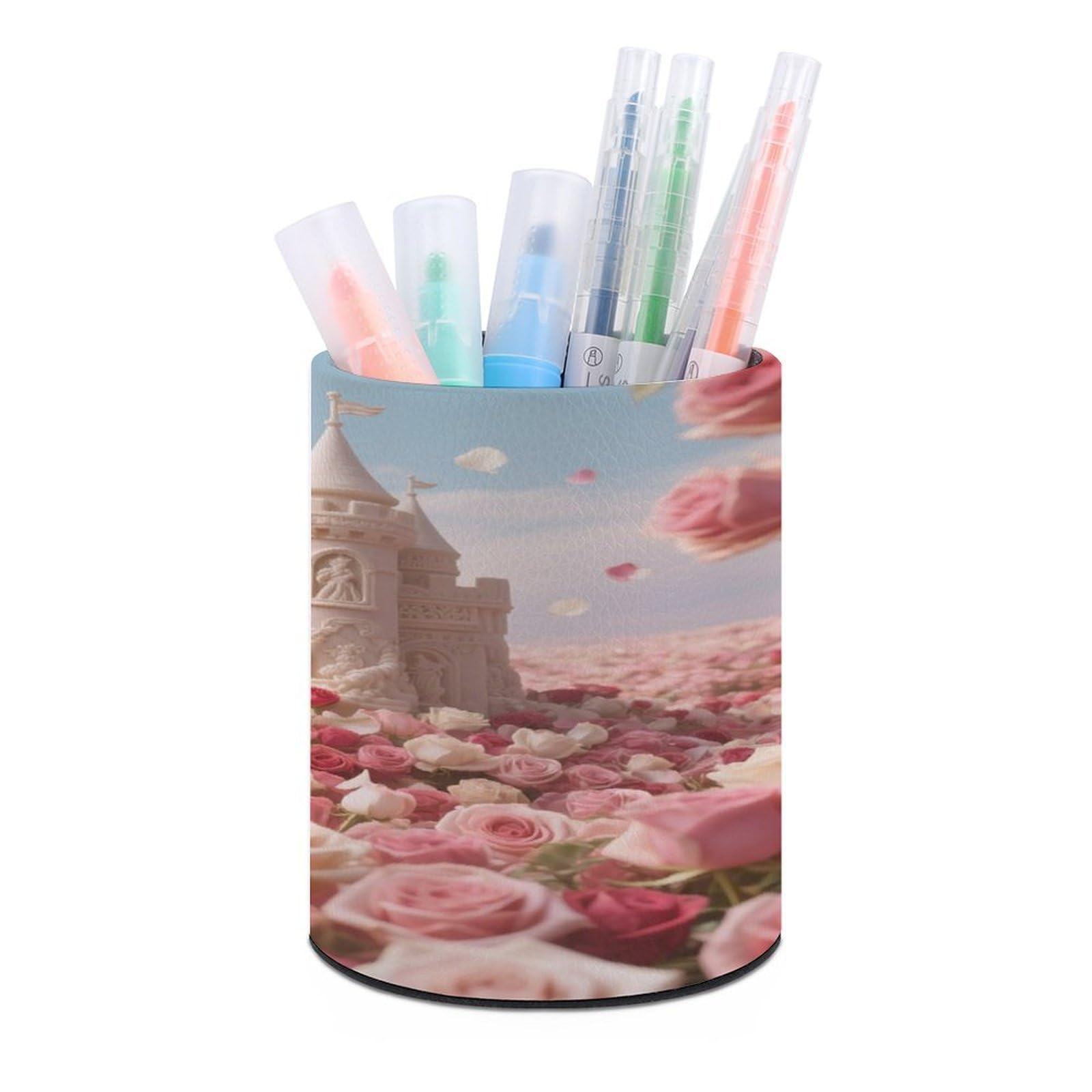 VstaDank Rose Flower Ocean Castle Pen Holder Round Pencil Holder Cup Pen Container PU Leather Desk Organizer Stand Decorative Brush Scissor Holder Decoration Office Desk Home (3.1 x 3.9 inch)