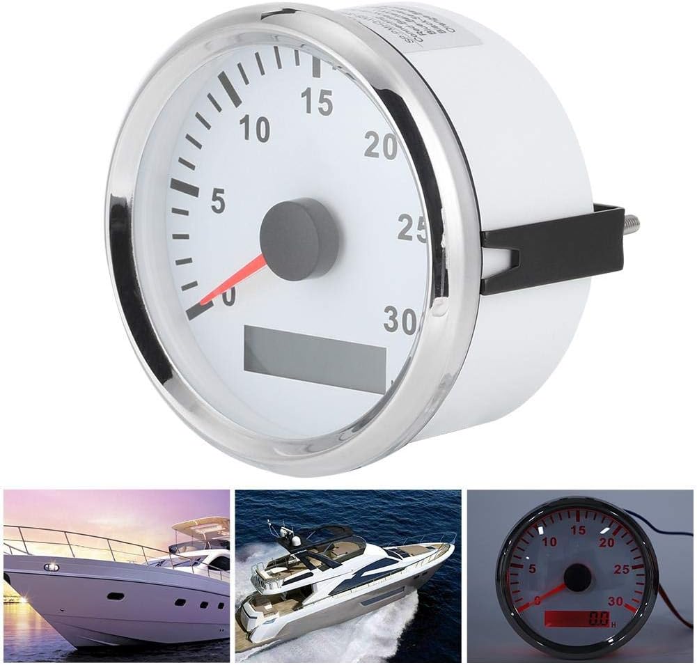 Acouto Boat Tachometer 85mm/3.3in Boat Tachometer Sensor IP67 Tacho Gauge 12V/24V Red Light with LCD Display Service Hour Meter 3000 RPM(Silver Frame White Dial)