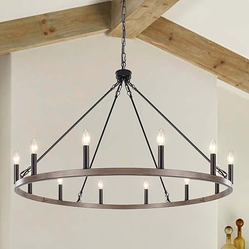 Wagon Wheel Chandelier 12 Light Dining Room Chandelier 38-inch Large Farmhouse Chandelier Round Chandelier Pendant Light Fixtures for Living Room Entryway Foyer, Metal Faux Wood Finish