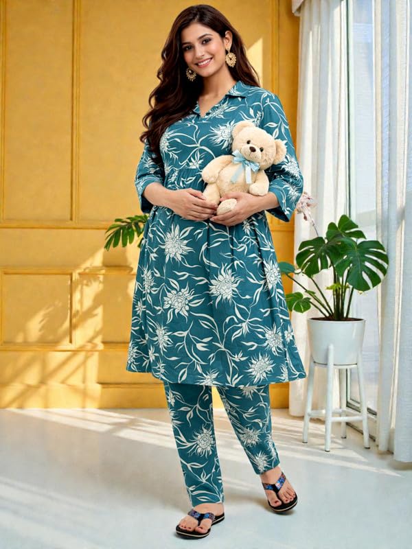Image of RITIJYA Pure Cotton Feeding Kurta Pant Set for Women | Floral Anarkali Pregnancy Dress with Concealed Nursing Zipper Side Pocket | Pre & Post Partum | Maternity Dresses | Baby Shower Outfit