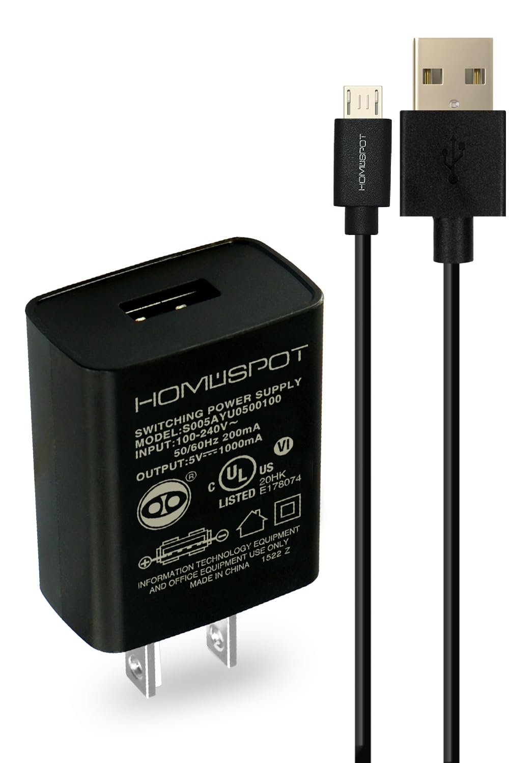 MakerSpot Accessories - UL-Listed 5v1a 1000mA USB Wall Charger w/Micro-USB to USB Cable - 6.6ft (2M) Extra Long Charging Cable for Single-Board Computers Arduino, Raspberry Pi, teensy, NETduino