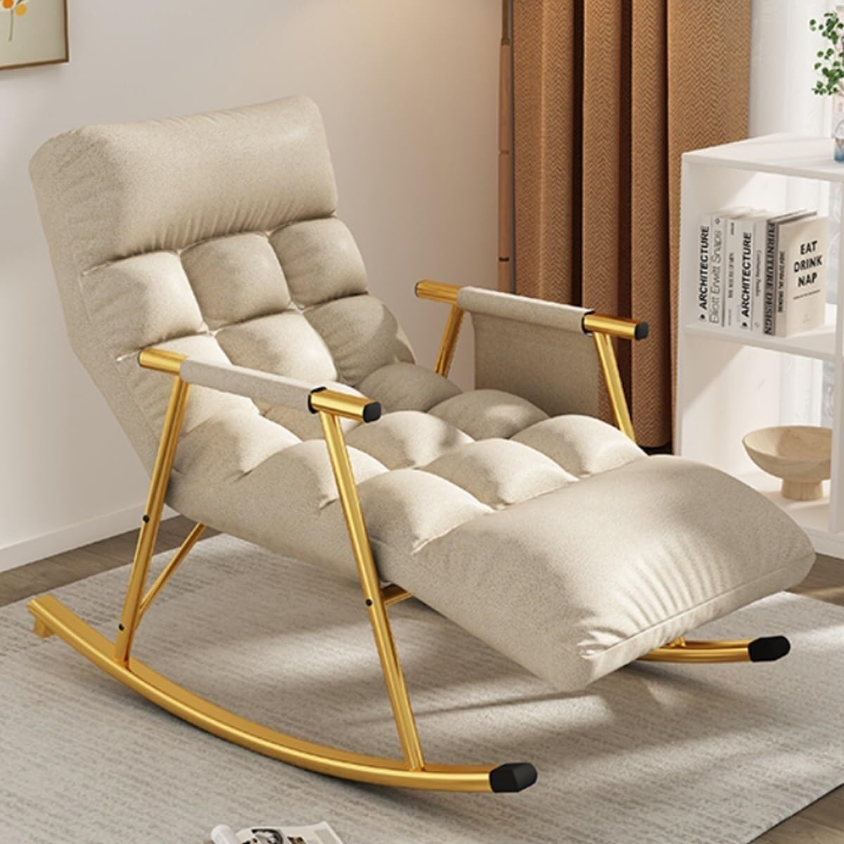 Indoor Rocking Chair Adult Recliner Modern Accent Chair Living Room Chairs Armchair Back Adjustable,Thick Padded Metal Frame Leisure Sofa Rocking Chair(Beige)