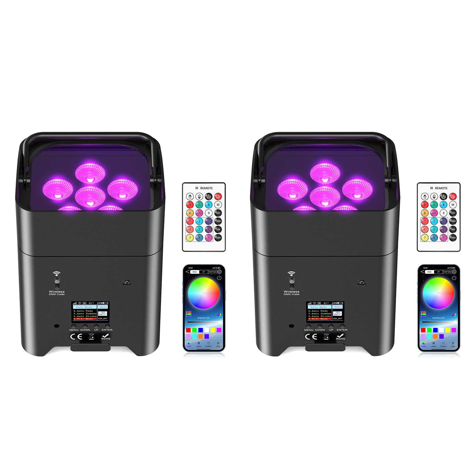 LED Par Akku, 2 X 108W 6 in 1 RGBWA+UV Bühnenlicht mit 9600mAh | APP Kontrolle, LED Strahler Akku mit DMX und Fernbedienung für Party, Club, Bar, Halloween, Weihnachten