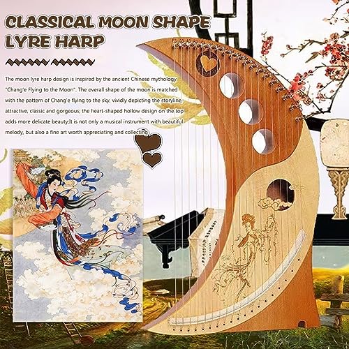 Lyre Harp Instrument 19 String Classical Chang\'e Flying To The Moon Pattern Harp For Beginner Professional With Gig Bag/Tuning Wrench/String/Cleaning Cloth/Pick(Color : Brown, Size : 19 String)
