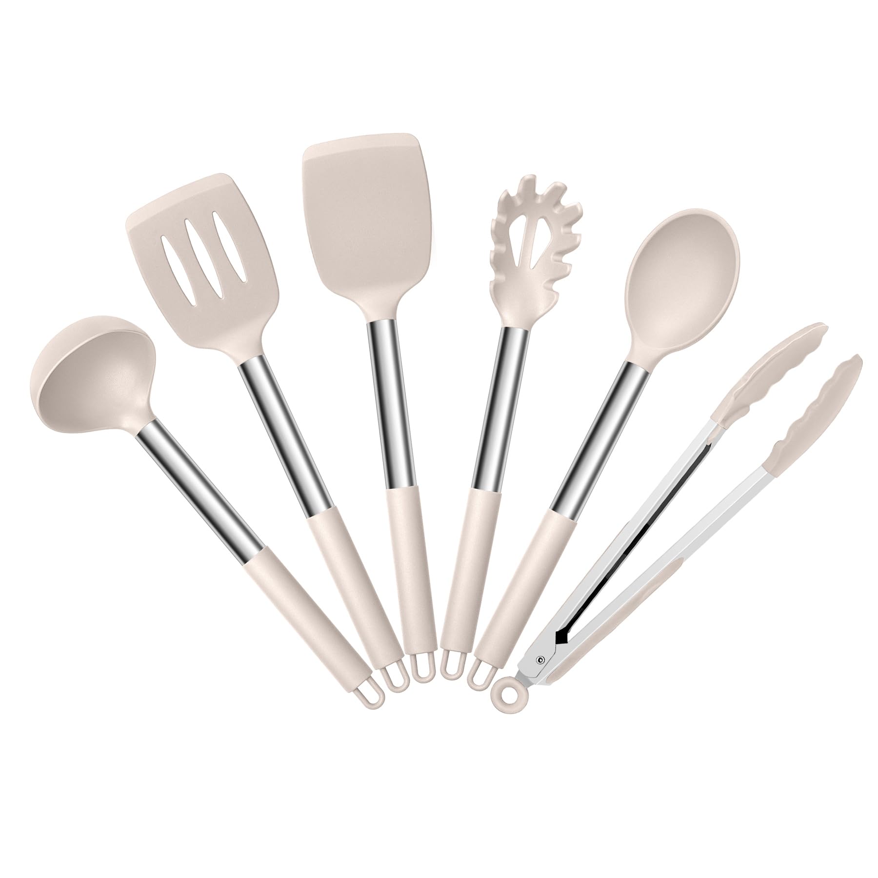 HaWare Kitchen Utensils Set, 6 Pcs Silicone Cooking Utensils Set with Stainless Steel Handle, Non-Stick Cooking Tools Turner Spatula Spoon Tong, Heat Resistant & Non-Scratch, Dishwasher Safe-Khaki