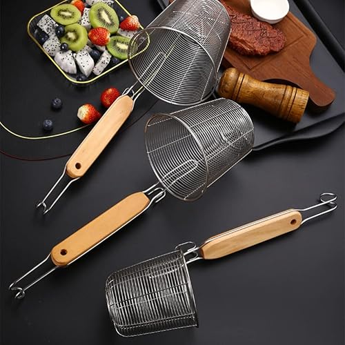 Miniatura 2 de ZzzaNa Cesta de pasta de malla de acero inoxidable con mango de madera, colador de fideos para pasta, cuchara de espagueti, espumadera de cocina,
