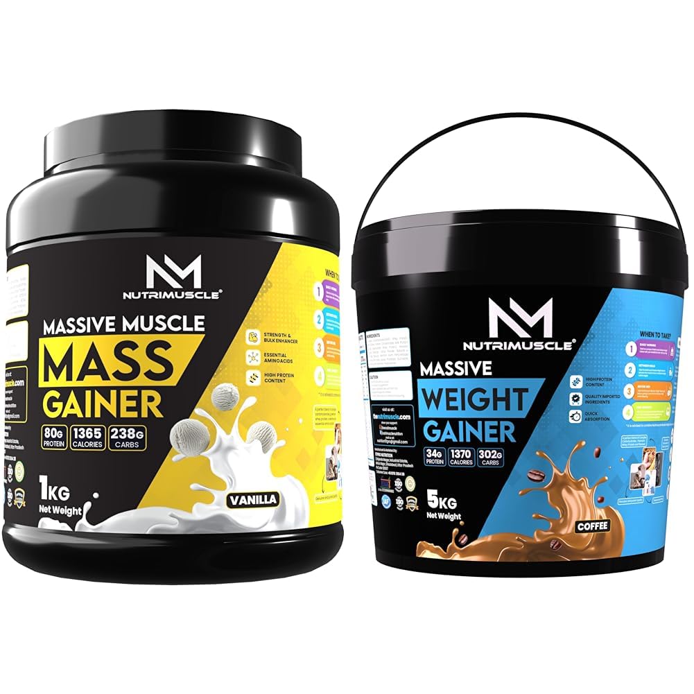Nutrimuscle ® Massive Muscle Mass Gainer - 1 Kg - Vanilla Flavour - For Muscle, Mass and Strength | Nutrimuscle Massive Weight Gainer 5kg Coffee Flavor | High Calorie Mass Gainer Powder with Complex-image-30