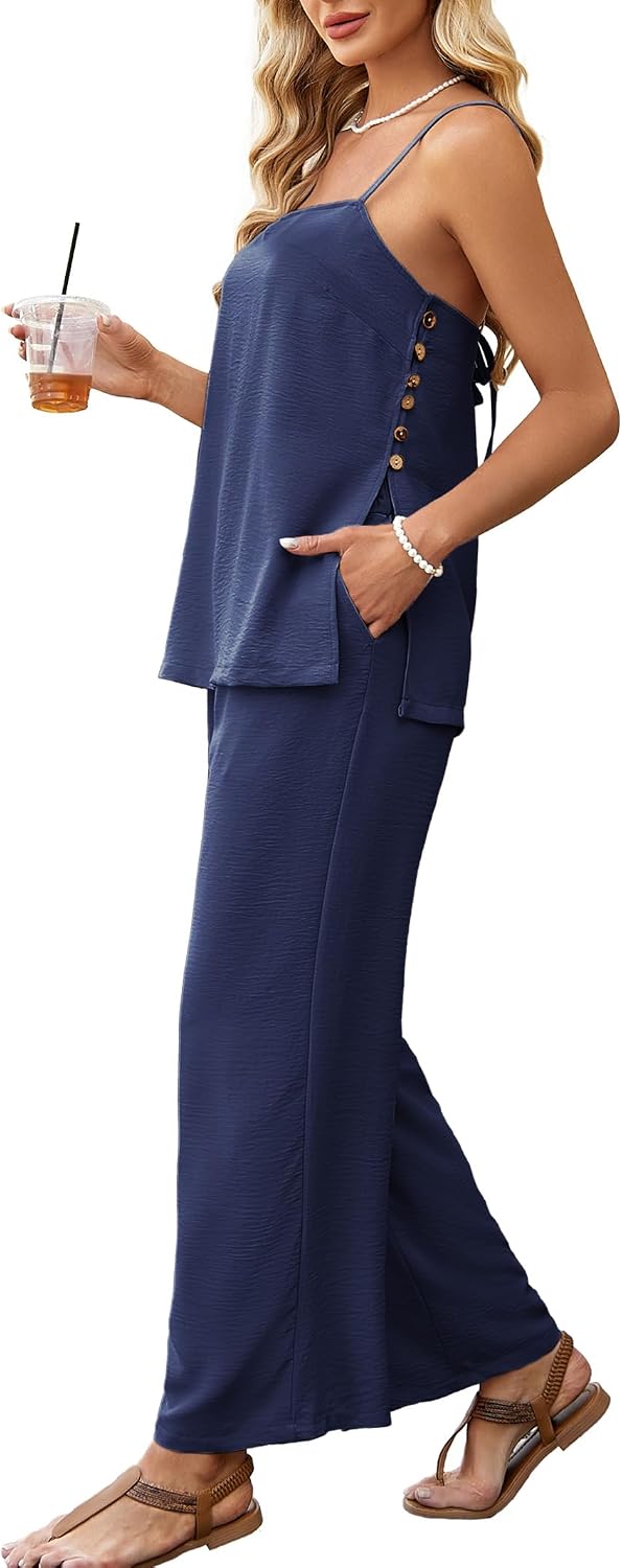 Kikibell Women 2 Piece Outfits Summer Travel Beach Vacation Faux Linen Sets Spaghetti Strap Tank Top Pants Set with Pockets