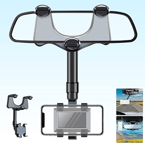 Soporte de teléfono para espejo retrovisor para automóvil, giratorio de 360 y retráctil, soporte de soporte de teléfono con longitud ajustable,