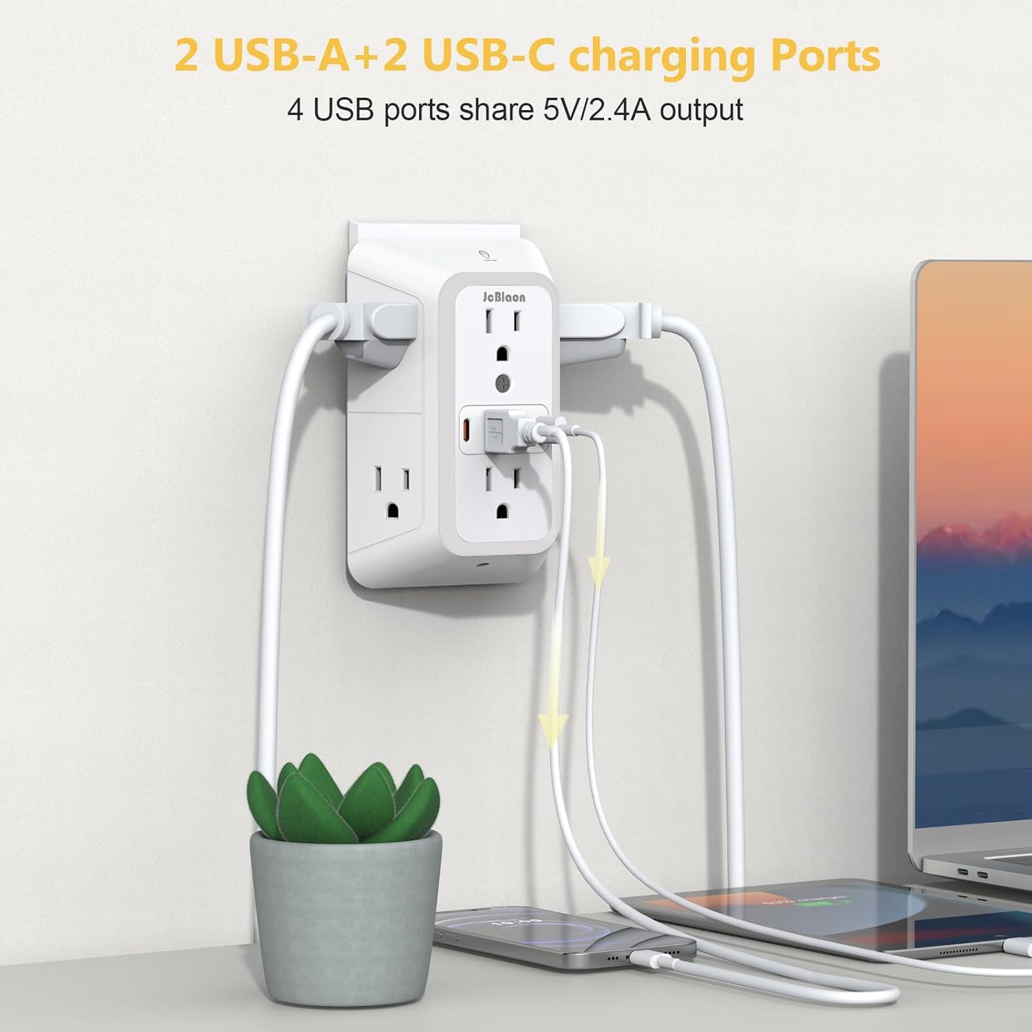 Extensor de salida con luz nocturna, protector de sobretensiones de enchufe múltiple, divisor de 6 salidas con 4 salidas USB (2 USB A, 2 USB C) Adaptador de pared de 3 lados para el hogar, viajes y