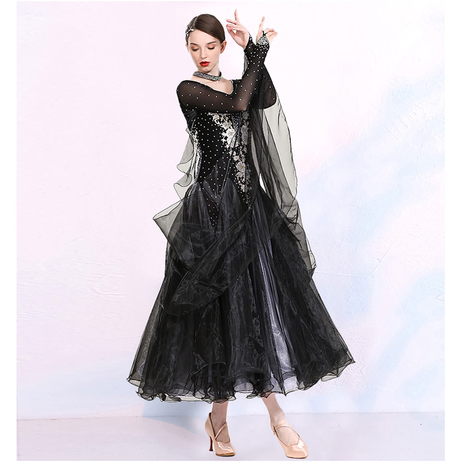 Abiti da Ballo da Sala A Maniche Lunghe Abbigliamento da Competizione National Standard Salsa Valzer Scollo Rotondo Costumi da Spettacolo Moderno Flamenco Strass Luccicanti,A,S
