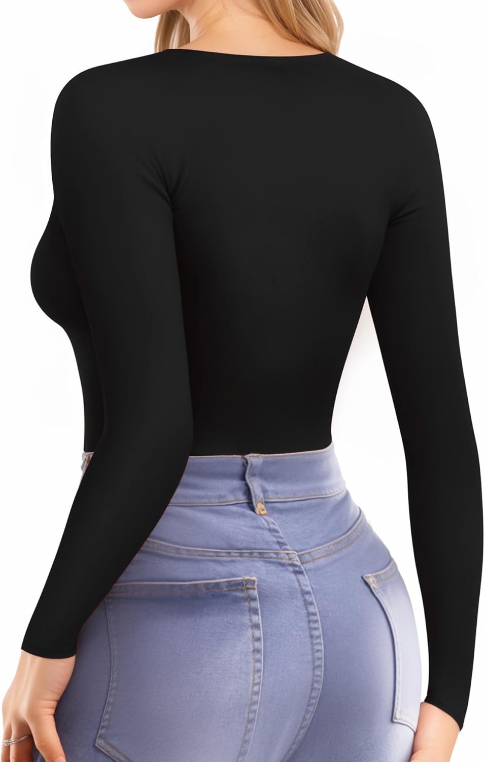 MANGOPOP Women's V Neck Long Sleeve Fitted T-Shirt - Image 3