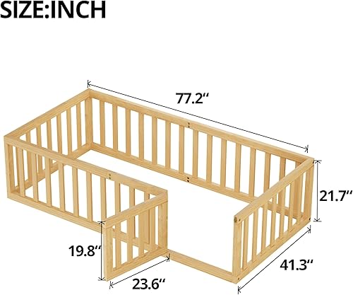 Miniatura 2 de i-POOK Cama de suelo de tamaño individual para niños, marco de cama Montessori de madera resistente con valla y puerta, cama Montessori para niñas y