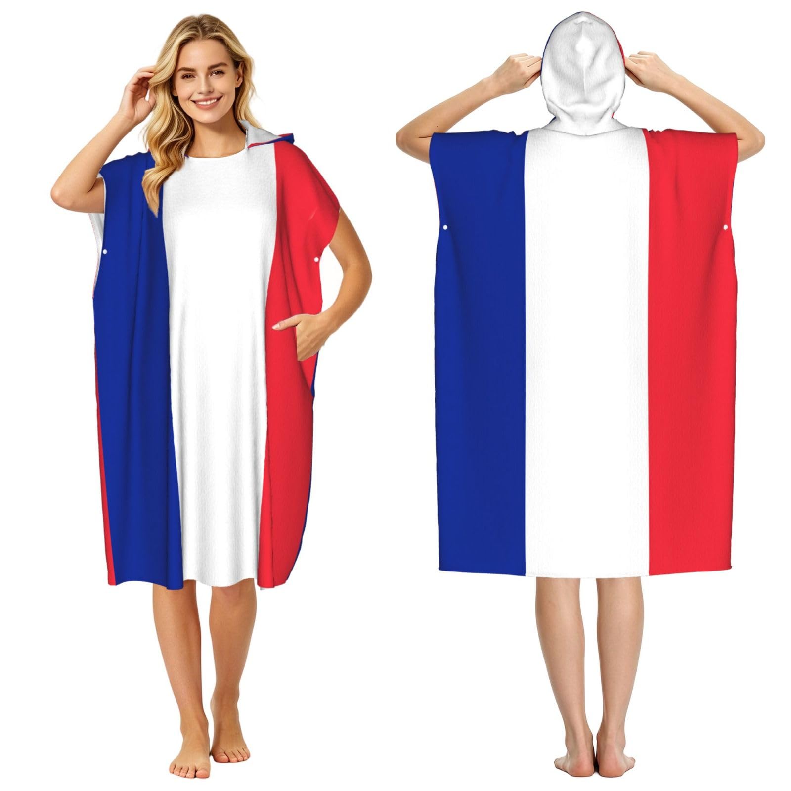 KLGRTJHK French Flag Adult Hooded Beach Poncho Towel 43"X35"