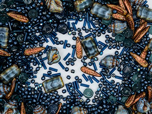 2.1oz (60 g) Mix of Unique Czech Bohemia Glass Pressed Beads, Dark Blue, Table Cut, Matte and Glossy, Faceted Fire Polish - Image 3