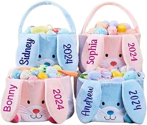 Personalized Bunny Easter Basket, Custom Embroidered Monogram Easter Bucket Plush Easter Basket Kids Easter Gift Perfect for Toys and Candy