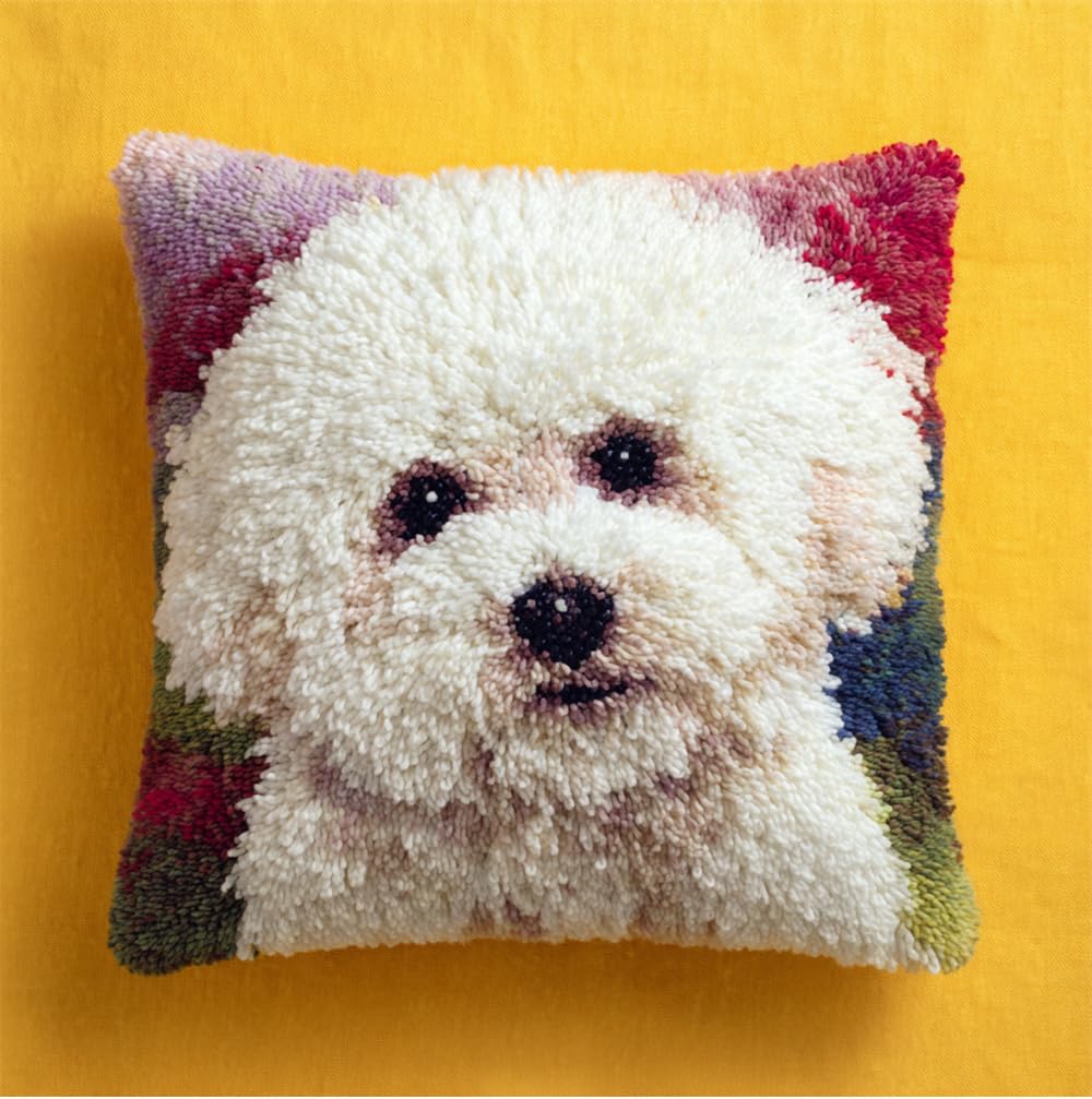 Taxpy Latch Hook Pillow Case Embroidery Kitswhite Bichon Frise Dog 17X17inch Pre-Printed Diy Needlework Latch Hook Cushion Cover Kits For & Adults Beginners,Cross-Stitch Sofa Cushion Cover, E