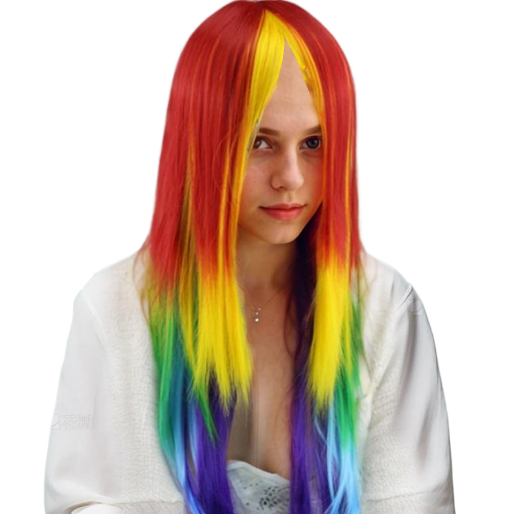 Perruque arc-en-ciel longue avec casquette intégrée et queue de cheval de 27.5 pouces pour cosplay