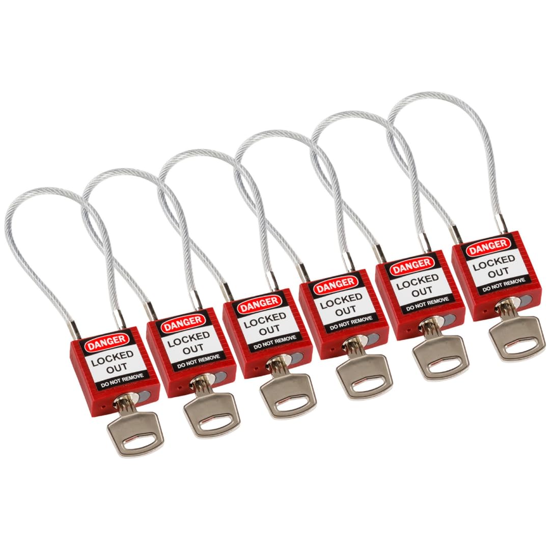 Brady 146128 Compact Cable Padlocks, 5-Pin Cylinder, 4.2" Shackle Clearance, Keyed Alike, 1.31" Height, 1.25" Wide, 0.56" Length, Red