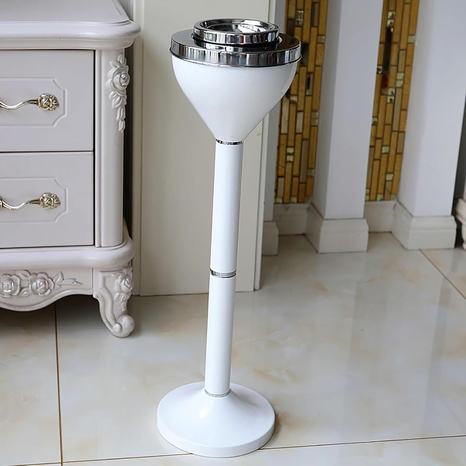 JKGHK Floor Standing Ashtray, Soot Pillar Fixed Ashtray with Lid, Stainless Steel Ash Tray for Cigarette Butt Receptacle Disposal, for Restaurant, Bar, Hotel(White)