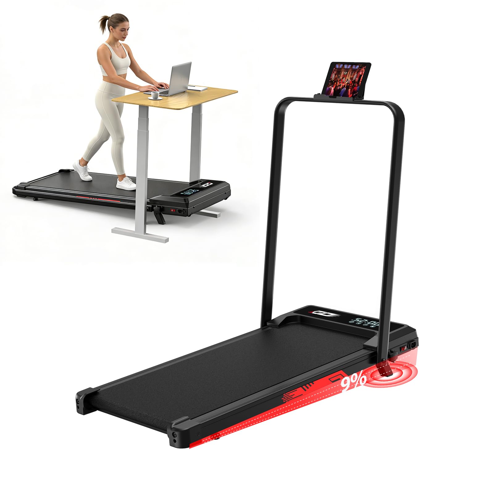 Tapis Roulant Elettrico Pieghevole 3 in 1 con Inclinazione 9%, Walking Pad 1-10 km/h, Motore Brushless Silenzioso 3,0 HP, Portata 140 kg, Display LED, Ammortizzato, Salvaspazio per Casa e Ufficio