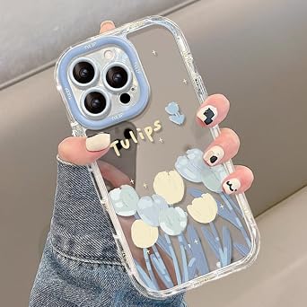 Case for iPhone 14 Plus Phone Case Fashion Mirror Tulip Flower Cover Soft Silicone Bumper Cover Sweet Flowers Aesthetic Design Acrylic Shockproof Scratch Case for iPhone 14 Plus-Blue