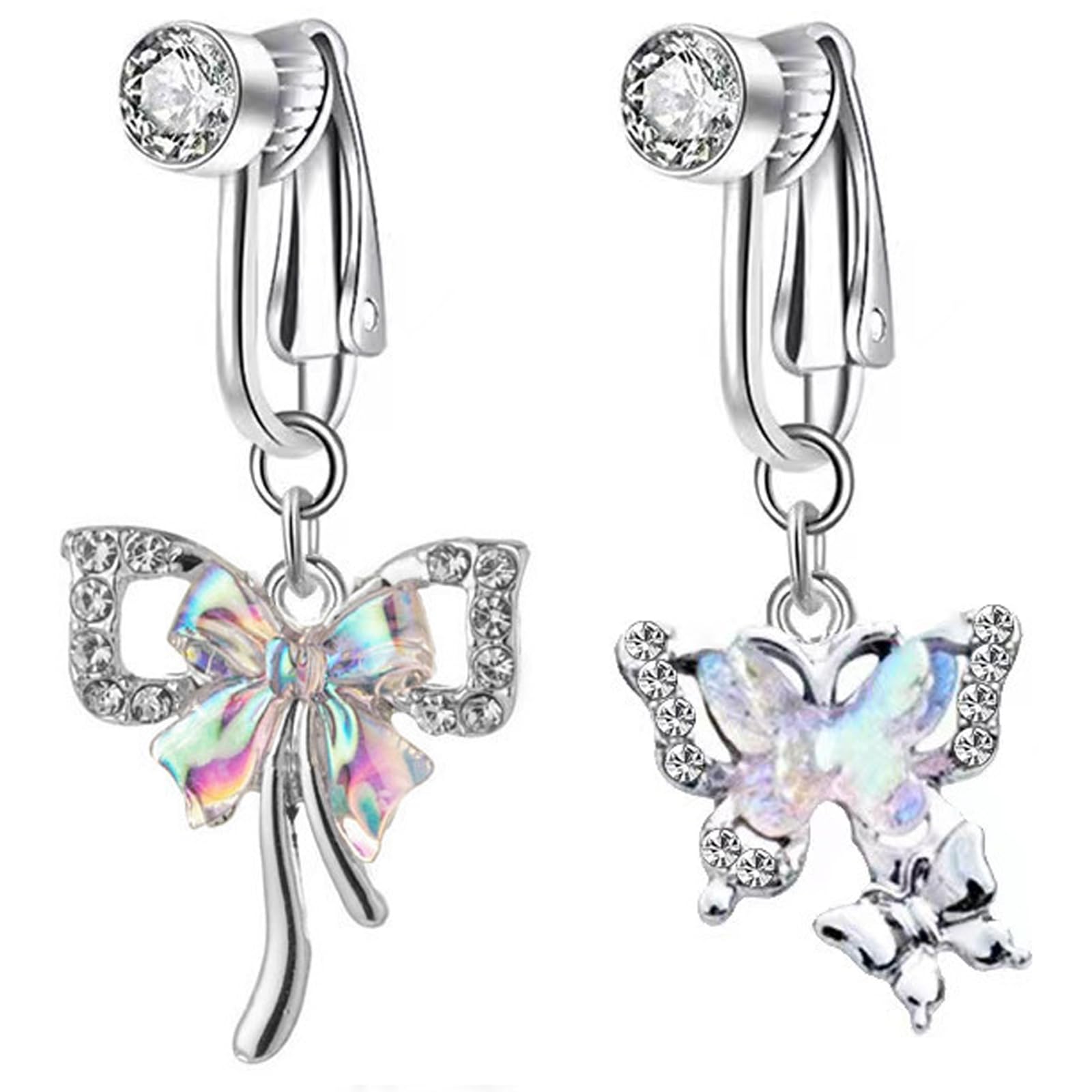 Fake Belly Piercing 3-Piece Set, Silver Butterfly Belly Button Rings for Women, Non Piercing Navel Jewelry, Clip On Belly Ring for Casual Wear and Parties