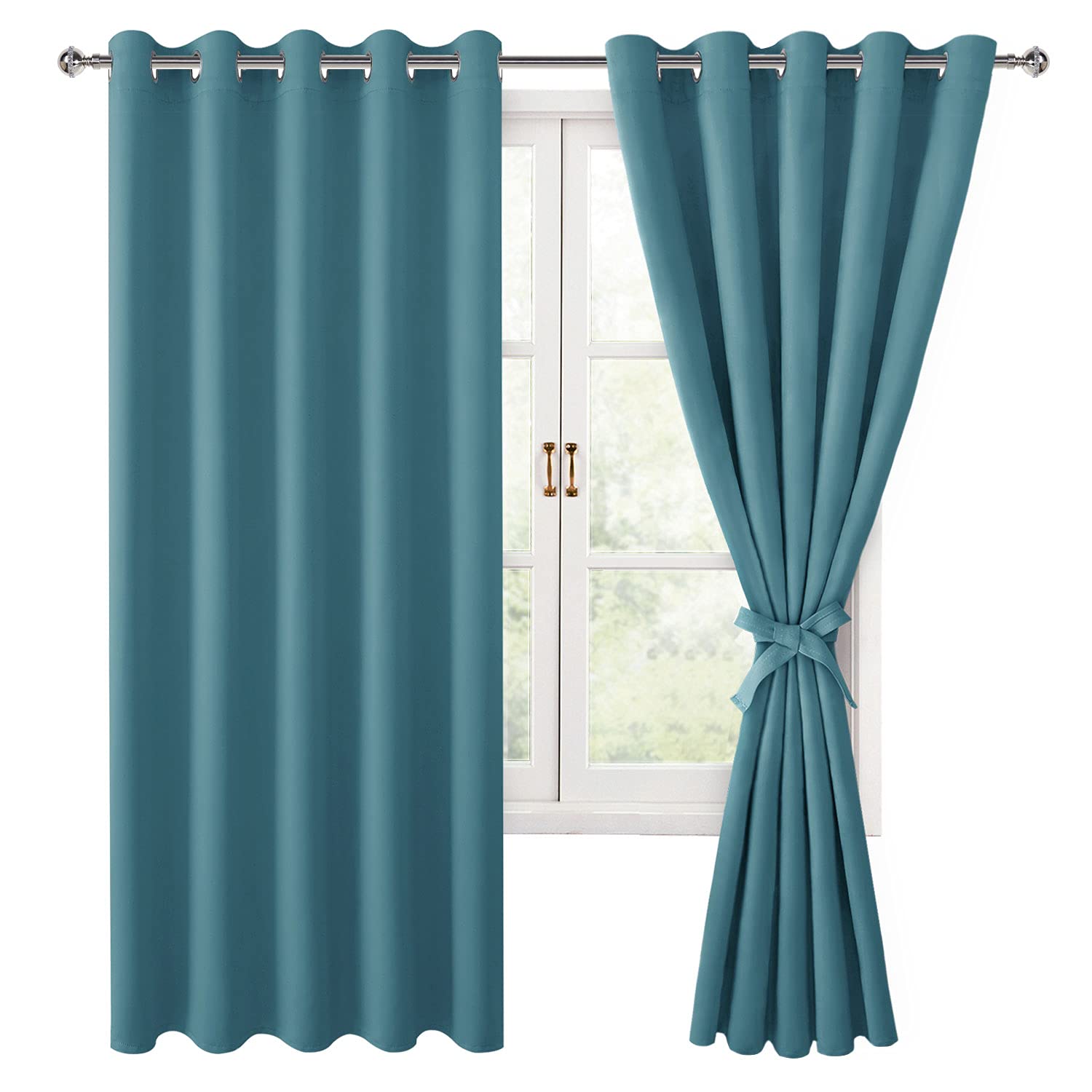 Hiasan Blackout Curtains for Bedroom, 60 x 63 Inches Length - Thermal Insulated & Light Blocking Window Curtains for Living Room, 2 Drape Panels Sewn with Tiebacks, Turquoise(similar to the photo)
