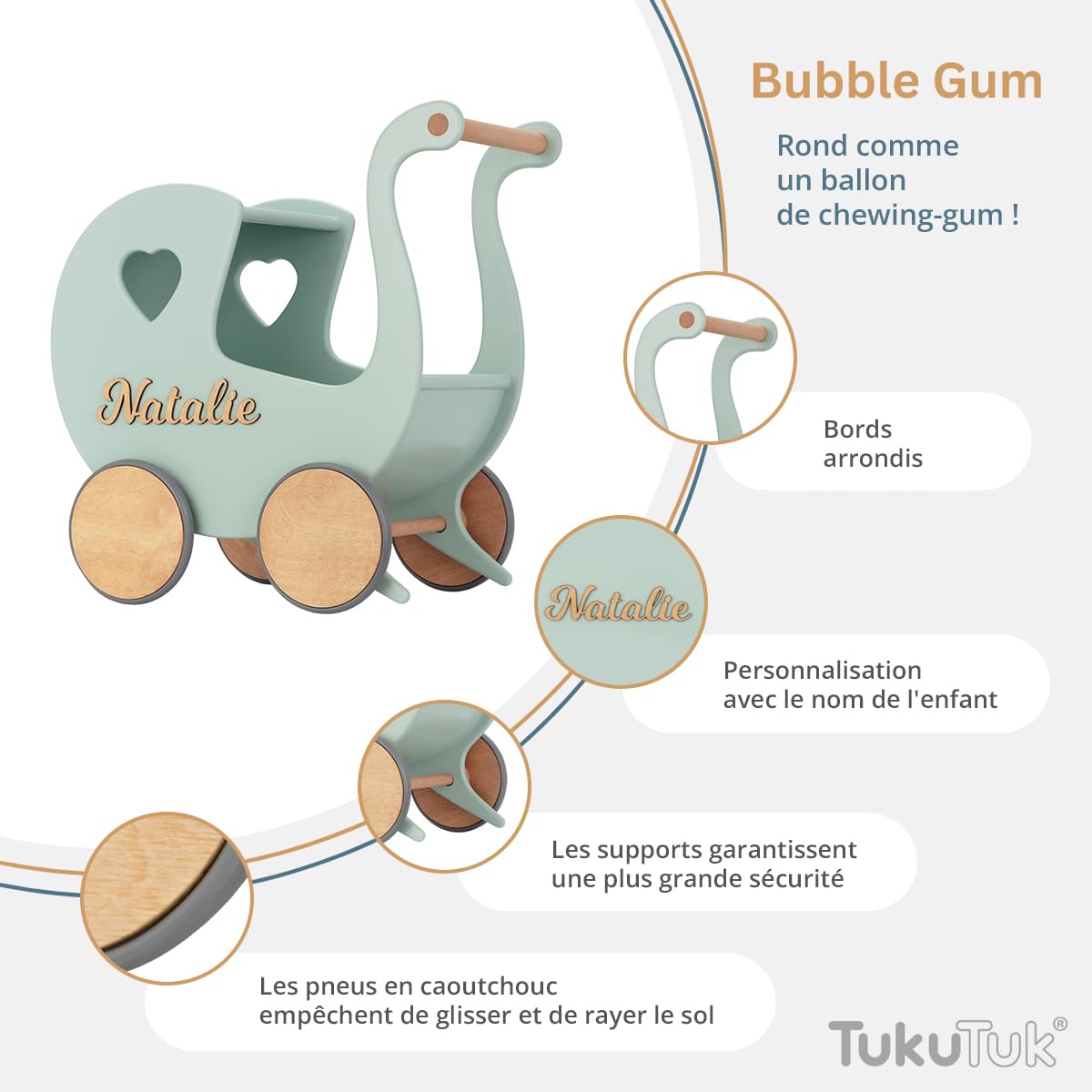 Landau de Poupée en Bois Individuellement avec des Noms - Chariot Pousseur bébé Bois - Poussette Poupee Décoration - Poussette Canne Poupee - Chariot Enfant (Menthe)