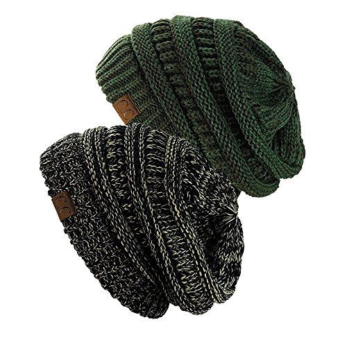 NYFASHION101 Exclusive Unisex Two Tone Warm Cable Knit Thick Slouch Beanie Cap (2 Tone Black/Dk Beige and 2 Tone Olive)