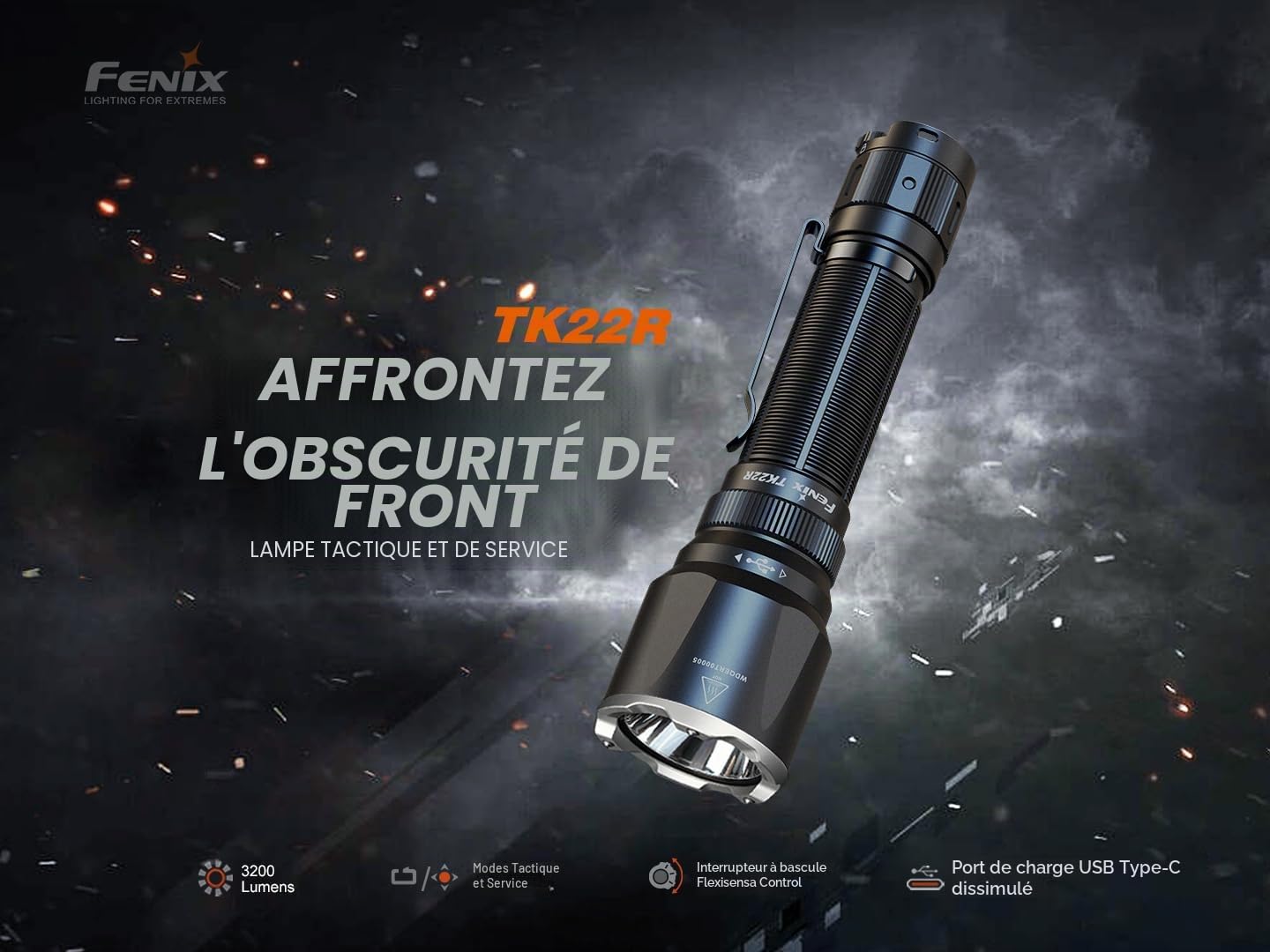 FENIX TK22R Lampe torche tactique rechargeable ultra lumineuse longue portée | 3200 lumens | 480 m | 50 heures max | 21700 piles | IP68