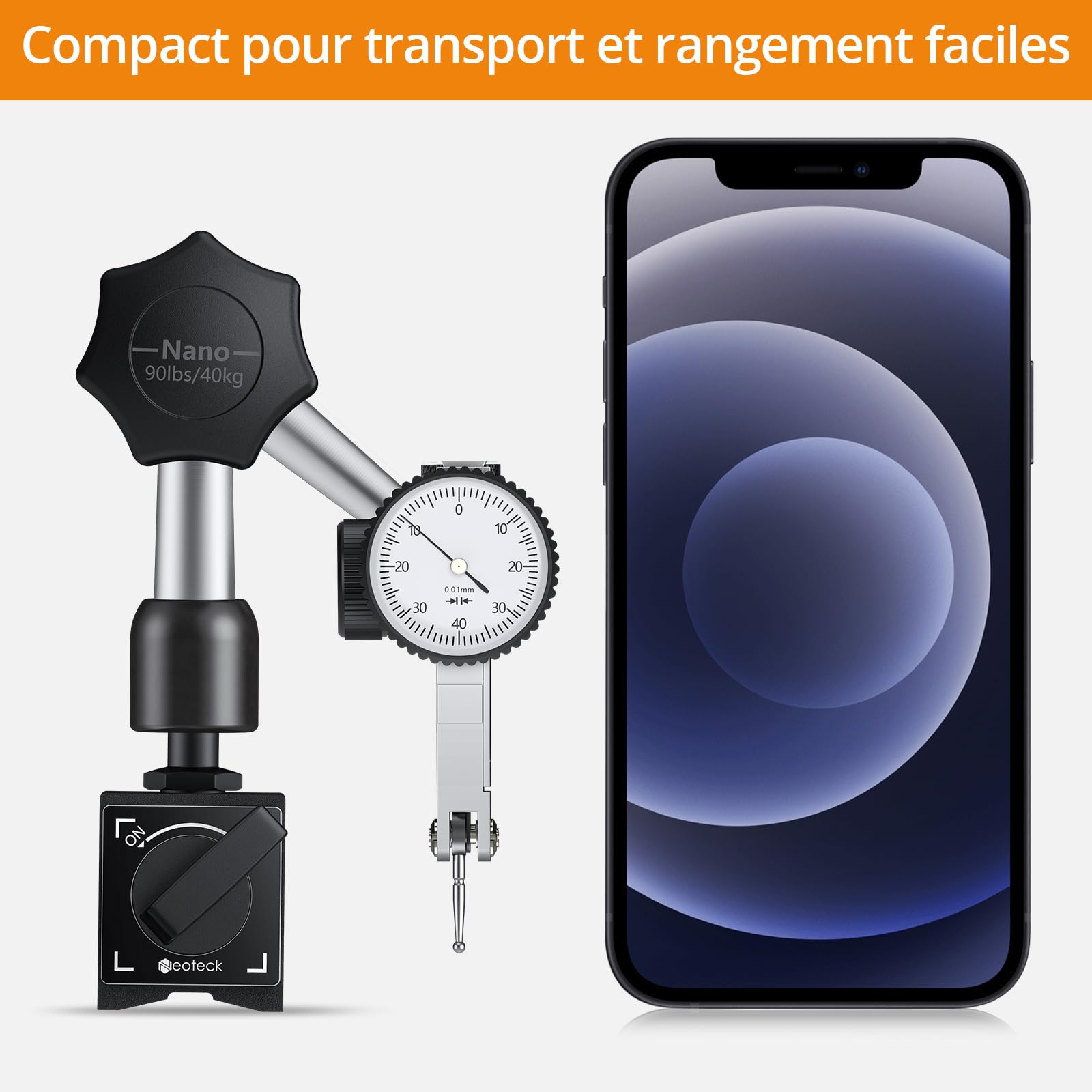 Neoteck Indicateur de Test Cadran Jauge 0-0.8mm avec Base Magnétique Comparateur à Levier avec Sonde 270° Rotation Base d'Indicateur à Cadran Magnétique Réglable pour Comparateur à Cadran