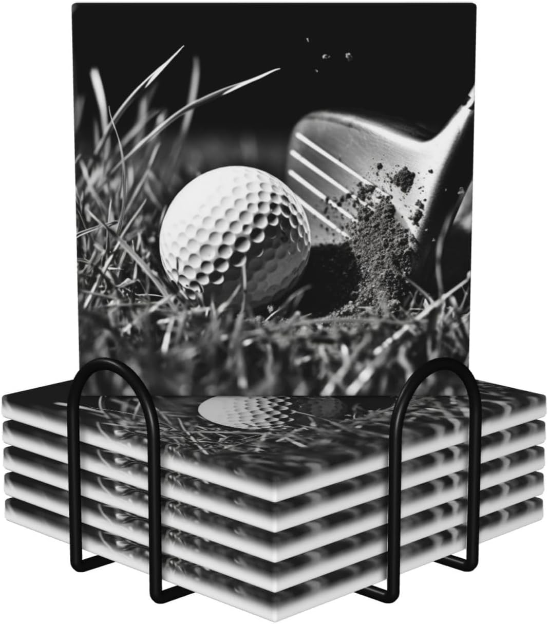 Golf Ball Print Ceramic Coaster Set of 6 with Non-Slip Cork Base - Absorbent Drink Mats for Home Decor and Gifts, Square