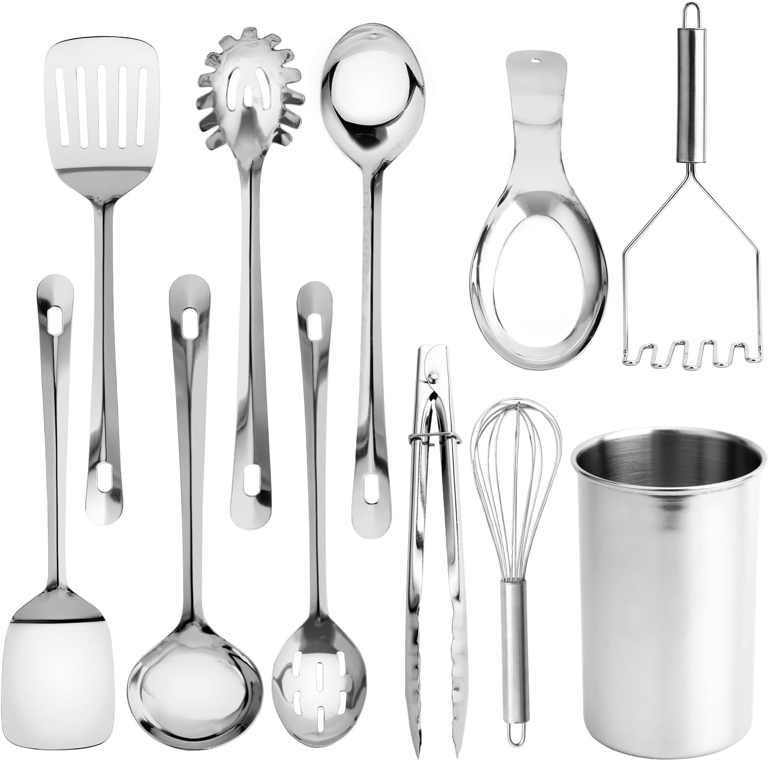 Kitchen Utensil Set - premium Nonstick & Heat Resistant Kitchen Gadgets, Turner, Spaghetti Server, Serving Spoons, Whisk, Tongs, Masher & Utensil Holder, 10-piece Stainless Steel