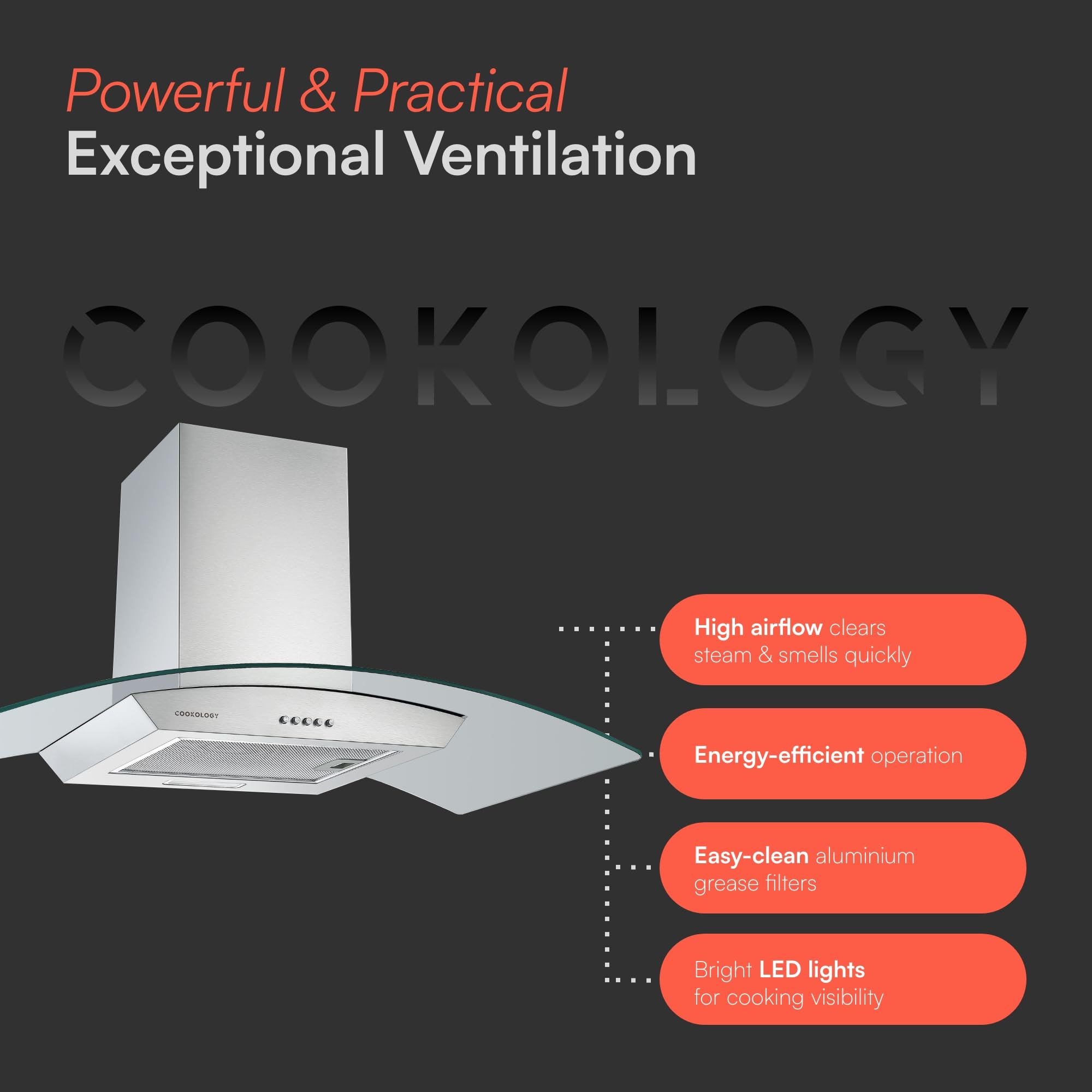 Cookology Curved Glass Chimney Cooker Hood, Wall Mounted Extractor Fan, LED lighting, Adjustable Height (Stainless Steel, 90cm) — view 6